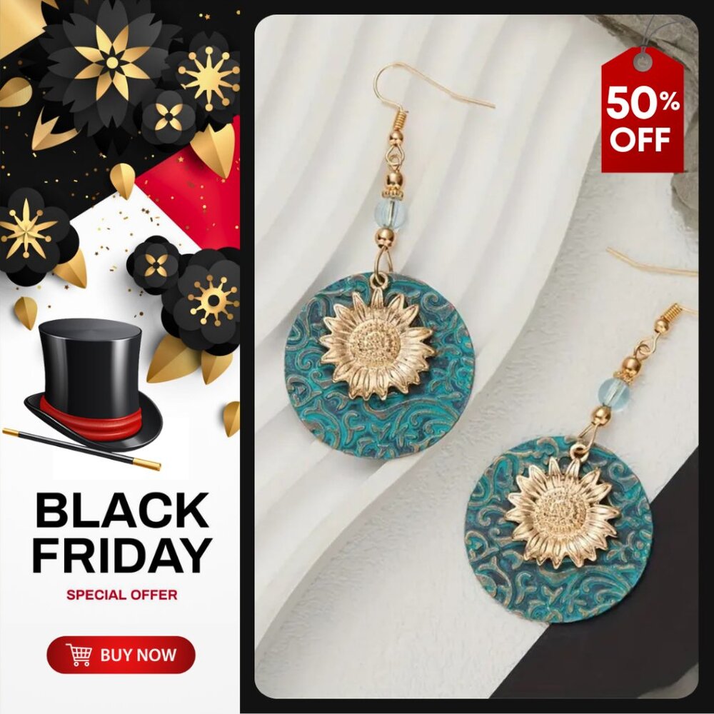 💣Bohemian Sunflower Vintage Design Drop Earrings Jewelry Gifts | Turquoise/Gold